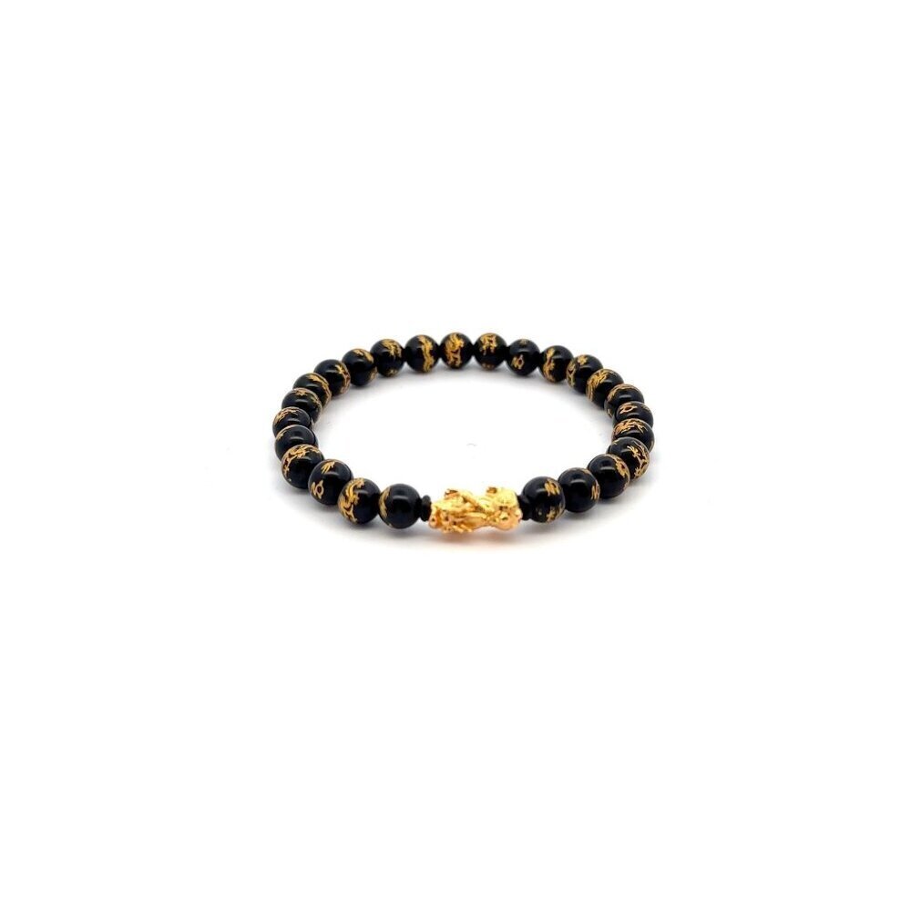 18K Gold Pixiu Piyao Bracelet Natural Black Carved Onyx Gemstones 6mm